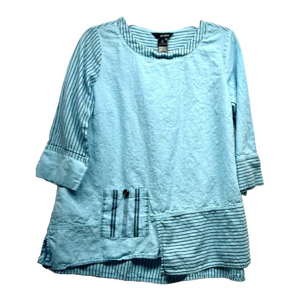 Ali MIles Women's Blue Small Linen/Cotton Tunic Top (B7)